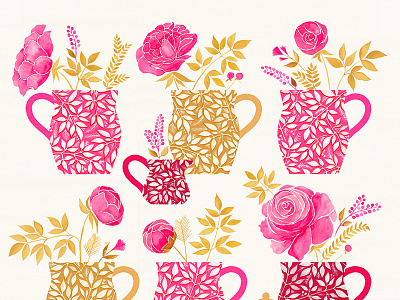 Peonies in coffee mugs coffee floral illustration mug pattern peonies peony pink surface design wall art watercolor