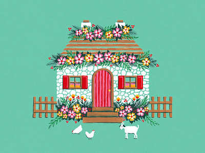 Country Cottage chicken cottage floral goat gouache house illustration painting stone