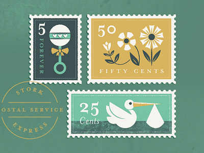 Cute stamps baby flower illustration minted postage rattle retro shower stamps stork texture vector