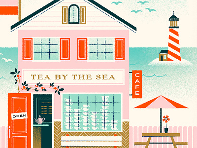 Tea by the Sea illustration lighthouse make art that sells mats ocean retro sea shop storefront tea