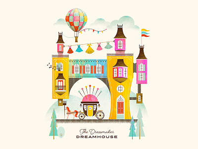 The Dressmaker Dreamhouse carriage dresses fairytale horse hot air balloon house illustration pin cushion retro sew texture vintage