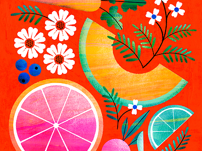 Bright foods & florals beet blueberry botanical cantaloupe carrot flower grapefruit illustration lime melon