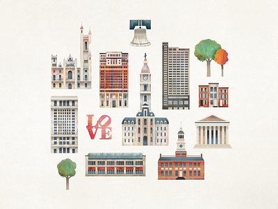 Philly Map Icons architechture building city icon illustration map philadelphia philly texture tree
