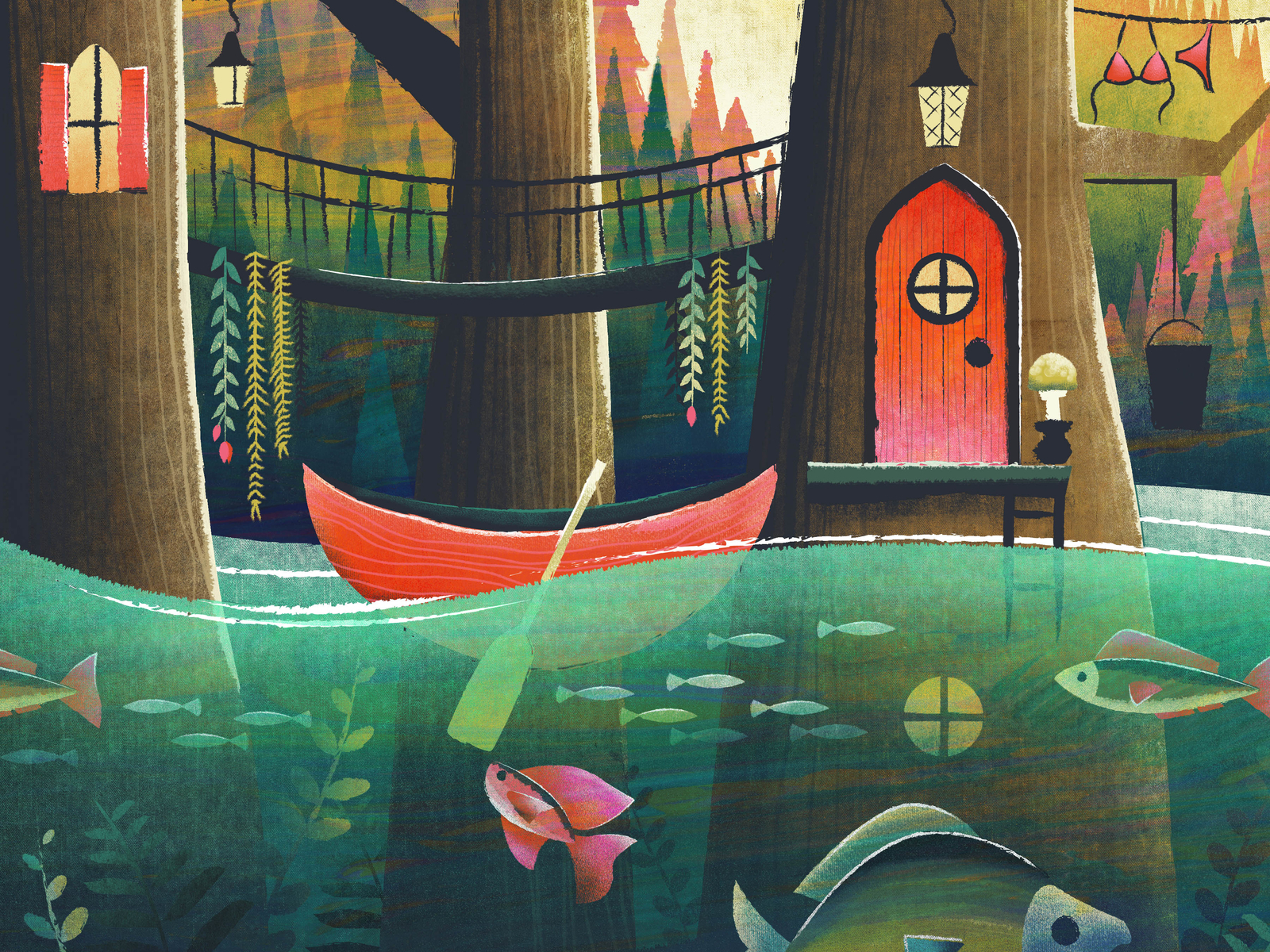 Just an illustration of my house mysterious fairytale pond fish canoe forest swamp illustration