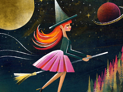 Witch! fashion fly girl illustration landscape moon planet retro sky witch woman