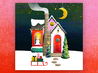 Christmas Cottage chimney christmas cottage cozy gifts holiday house illustration moon presents retro sled texture tree