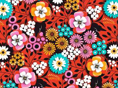 Red Orange and florals bold botanical floral flower illustration pattern retro surface design