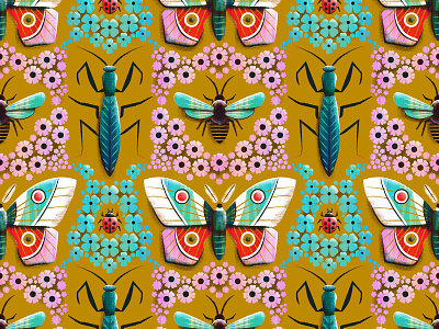 Where there are flowers bee bug flower illustration insect lady bug moth pattern praying mantis