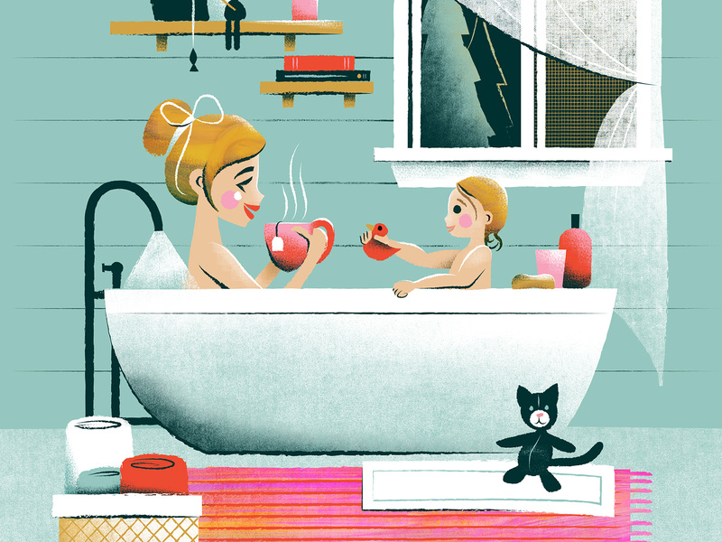 Bath time scene mom woman tea people home tub illustration toddler child mother bath