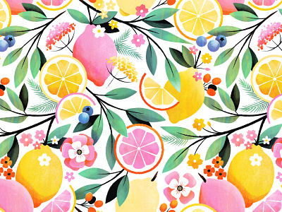 Pink Lemonade Pattern botanical floral flower illustration lemon lemonade pattern pink surface design