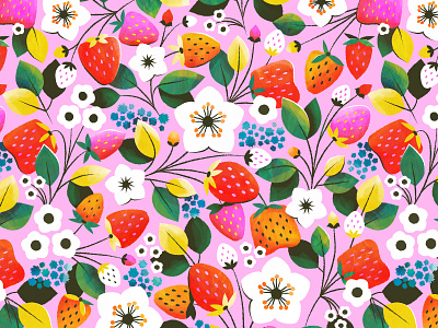 Strawberry Sunshine Pattern botanical colorful floral flower fruit illustration pattern strawberry summer surface design tropical