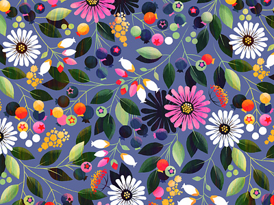 Sunset Blueberries blueberries botanical coneflower floral flower illustration pattern summer surface design