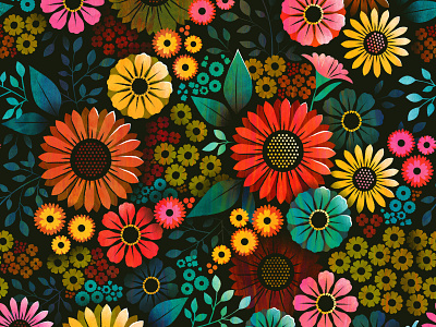 Summer Sunnies and Zinnies colorful floral flower illustration pattern summer sunflower surface design zinnia