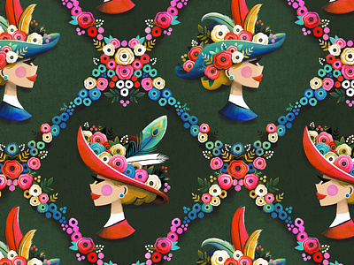 Ladies Who Lunch colorful fancy floral flower hat illustration pattern people surface design vintage women