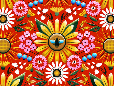 Summer Buzz bee blueberry illustration ladybug pattern pattern design retro summer sunflower surface design