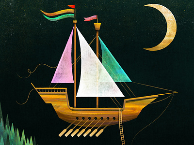 Flying Ship flying folktale illustration moon ship sky stars