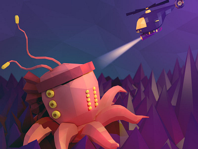 Beware of the Akkorokamui 3d blue cute helicopter japanese low poly monster night octopus purple sea squid