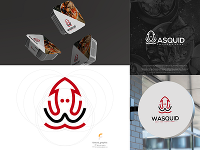 Wasquid Logo branding clean corporate branding cute design grid illustration line logo logodesign minimal modern restaurant sea seafood simple squid typography vector