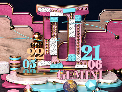 Gemini 3d 3d art 3dgraphics 3dscene 3dsmax astrology blue c4d cinema4d compostition design gold illustration octane octanerender pink space typogaphy vray zodiac