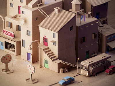 Cardboard neighborhood 3d cardboard concept art enviroment illustration low poly lowpoly lowpolyart
