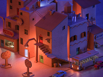 Cardboard neighborhood - night version 3d cardboard cartoon cartoon illustration illustration low poly low poly art lowpoly lowpolyart render