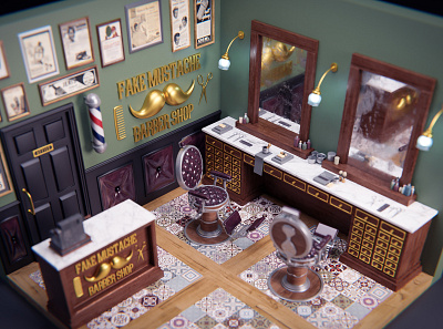 Barber Shop 3d barber barbershop illustration isometric lowpoly nostalgic tiles vintage wooden