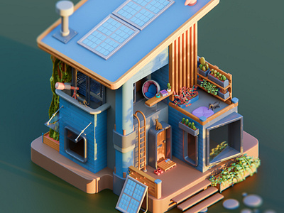 Aki's SIMS house 3d cartoon colorful colors diorama illustration isometric low poly lowpoly lowpolyart