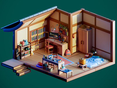 Diorama creator's bedroom 3d blender cartoon colourful diorama illustration isometric low poly lowpoly lowpolyart miniature render