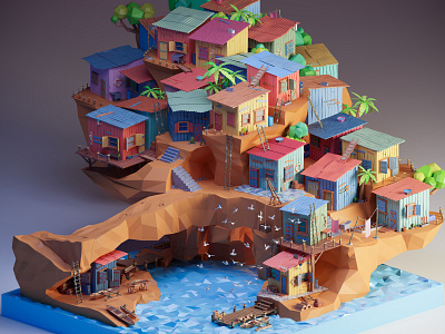 Fishing village - low poly 3d colorful colors colorscheme illustration low poly low poly art lowpoly lowpolyart render water
