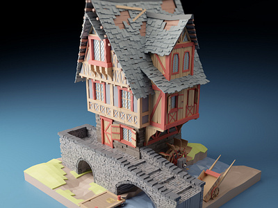 Watermill - low poly 3D