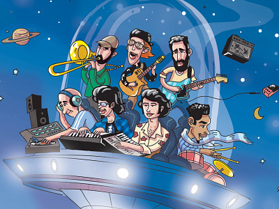 Spaceship band caricature jazz music