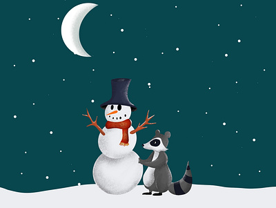 Do you want to build a snowman ? animal art cute animal design digital illustration digitalart gal shir graphic illustration procreate procreate app raccoon snow snow day snowflake snowman