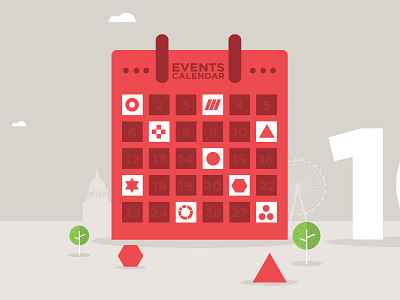 Events branding illustration 2d bespoke calendar clean detail events icons illustration london red shapes vector