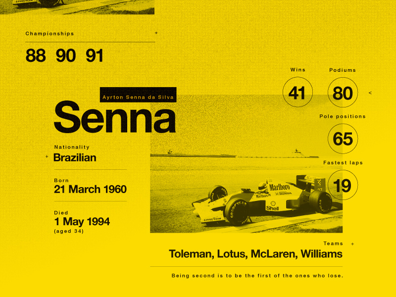 Senna. A legend. My Hero. texture layout motorsport stats yellow infographic senna