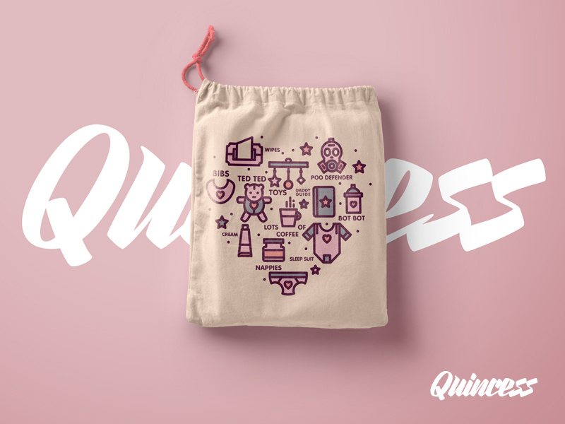 Quincess Drawstring Bag logo branding colour stroke line font type pink illustration baby icons icon