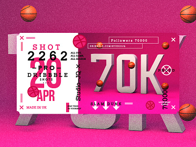 70,000 Followers 60k basketball c4d dribbble pink quintin studiojq thankyou ticket type
