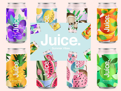Juice. | Summer Vibes branding can candesign cans color drinks illustration landingpage logo package packaging pattern product sketch summer typography ui uidesign web