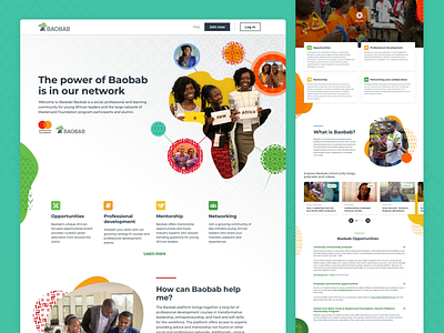 Baobab social platform landing page africa button card carousel colors content content hierarchy development digital learning ed tech higher education hover effect icon illustration learning mockups pattern social web design wireframe