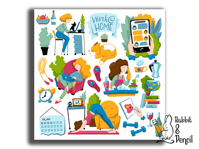 Woman working at home vector illustrations daily routine feminist flat style freelance work graphic design home housewife inhouse activity lifestyle quarantine vector woman woman illustration work at home