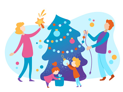 Happy Family Christmas Scene children christmas christmas tree family flat flat illustration home quarantine stay at home vector vector illustration