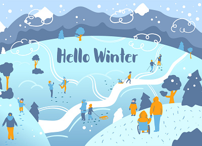 Winter Park Scene With People Flat Vector Illustration character disabled people family flat ilustration outdoor people vector illustration winter winter holidays winter is coming winter sports