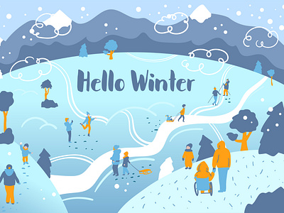 Winter Park Scene With People Flat Vector Illustration