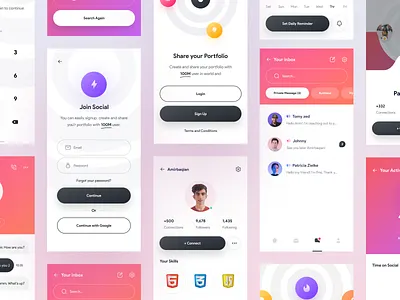 Social Kit Screens [ Light theme ] | Part 1 activity chart chat gradient intro kit message messanger minimal portfolio profile signin signup social social app social network socialmedia