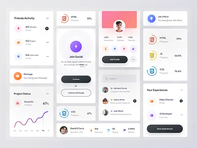 Social kit Components | [ Light theme ] activity chart chat community component concept design system gradient gradient color graphic intro job kit message messanger popup portfolio social status