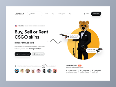 LOOTBEAR Landing Page | Hero header 3d 3d illustration account clean csgo dashboard game gamer hero hero header landing login minimal mockup navigation register skin status website websites