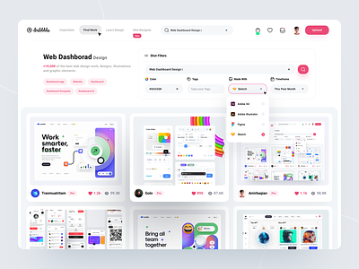 Dribbble Redesign - Search Page box dashboard desktop dribbble hover interface menu minimal redesign search search result shot ui ux web website