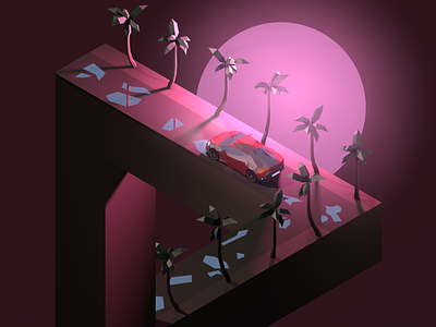 The impossible triangle 3d 3dillustration 3dmodeling cinema4d diorama illustration impossible triangle isometric isometricart lowpoly lowpolyart pink renders sportcar vibe
