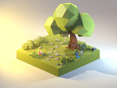 Fresh Air 3d 3dart 3dillustration 3dmodeling cinema4d diorama garden illustration isometric low poly lowpoly3d lowpolyart renders sunny tree yard