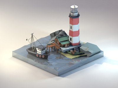 Low Poly Lighthouse 3d 3dillustration 3dmodeling cinema4d diorama harbor illustration island isometric isometric art lighthouse lowpoly lowpolyart renders sea ship