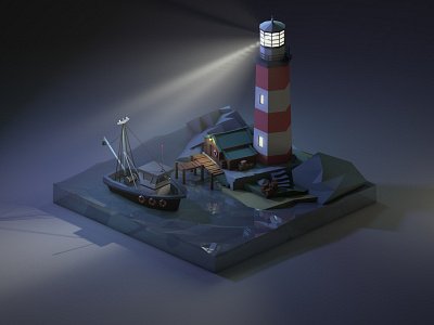 Lighthouse at night 3d 3dillustration 3dmodeling cinema4d diorama illustration isometric lighthouse low poly lowpoly lowpolyart night renders rocks sea ship